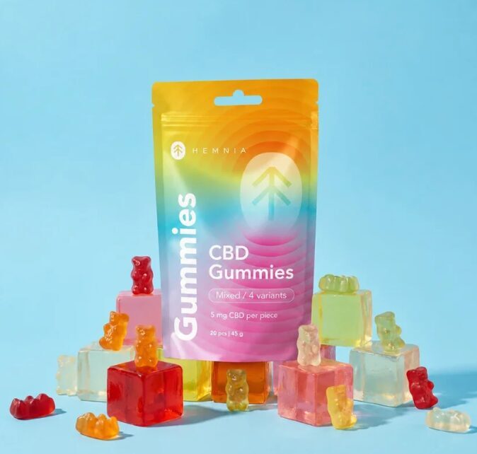 Hemnia CBD kummikommid – kummikarud kirsi-, kiivi-, ananassi- ja maasikamaitsega, 100 mg CBD, 20 tk × 5 mg, 45 g