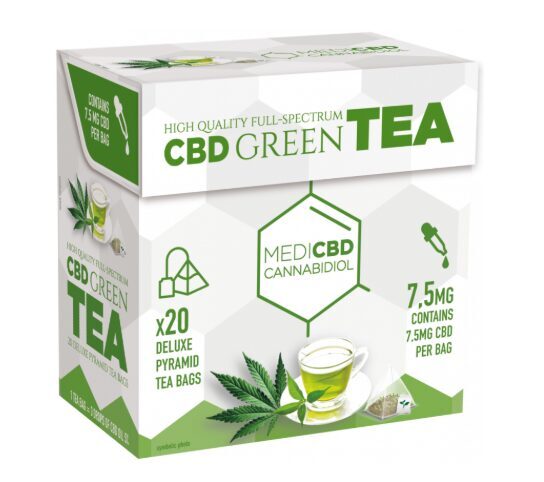 MediCBD vihreä tee CBD:llä, 20 pyramiditeepussia × 10 rasiaa, 7,5 mg CBD / pussi