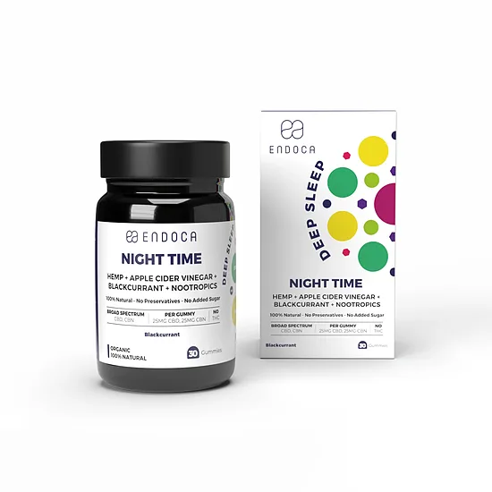 Endoca Night Time CBD-kumikarkit – 40 mg CBD, 15 mg CBN, mustaherukka, 30 kpl, 60 g