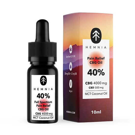 Hemnia täyden spektrin CBG-öljy “Pain Relief” – 40 % CBG + 5 % CBD, 4000 mg CBG + 500 mg CBD, 10 ml