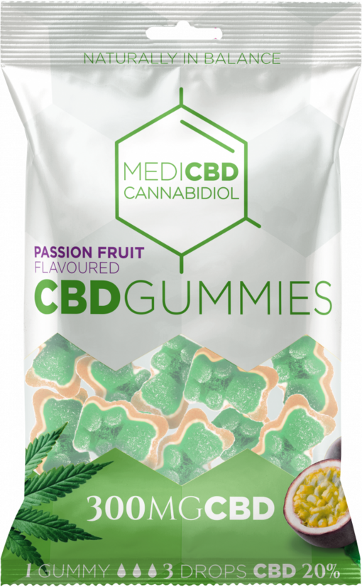 MediCBD CBD-kumikarkit, passionhedelmä – laatikko 40 × 100 g, 300 mg CBD / pussi