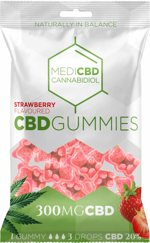 MediCBD CBD-kumikarkit, mansikka – laatikko 40 × 100 g, 300 mg CBD / pussi