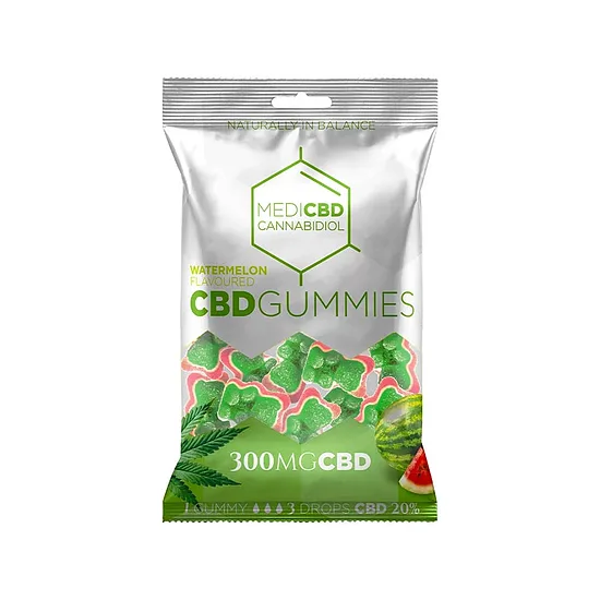 MediCBD vesimeloninmakuiset CBD-kumikarkit – 300 mg CBD, 10 kpl × 30 mg, 100 g