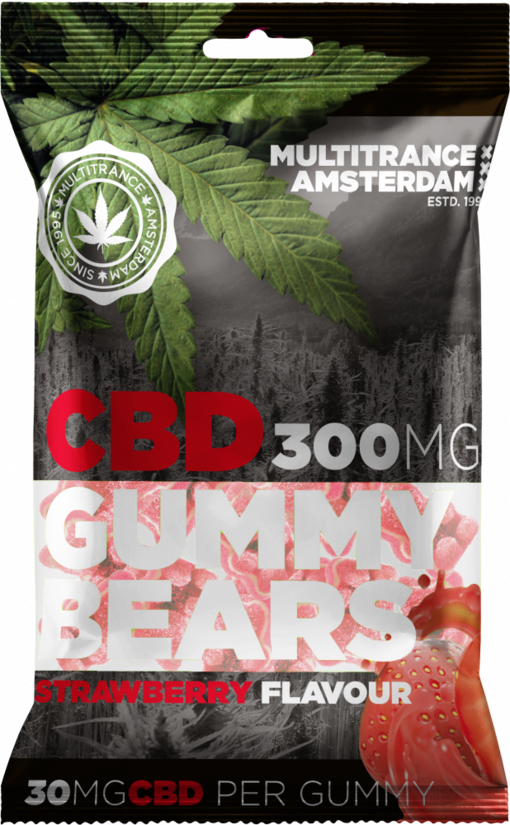 Multitrance CBD-kumikarkit, mansikka – laatikko 40 × 100 g, 300 mg CBD / pussi