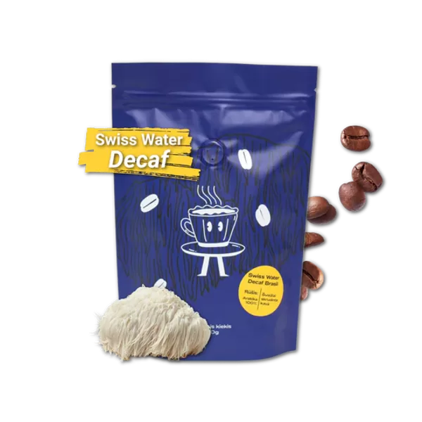 Svaigi grauzdēta Swiss Water Decaf Brasil kafija ar Lion's Mane sēņu pulveri (malta) 250g